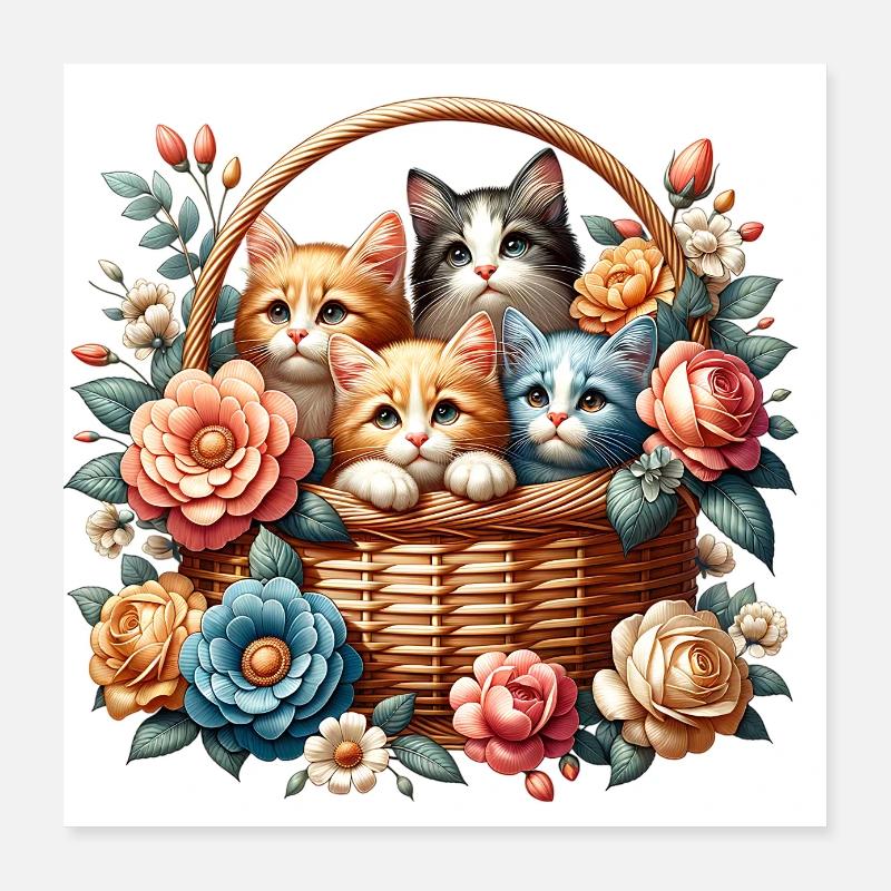 beaucoup de chatons mignons dans un panier avec des fleurs - Poster 40 x 40 cm - blanc