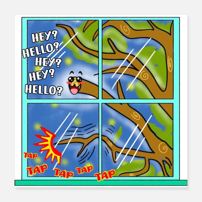 Funny Kawaii Cute Tree Branch Tapping Classic Art Poster 16" x 16" (40x40 cm)