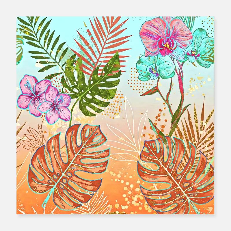 Monstera Tropical Flowers and Leaves Pattern Poster 16" x 16" (40x40 cm)