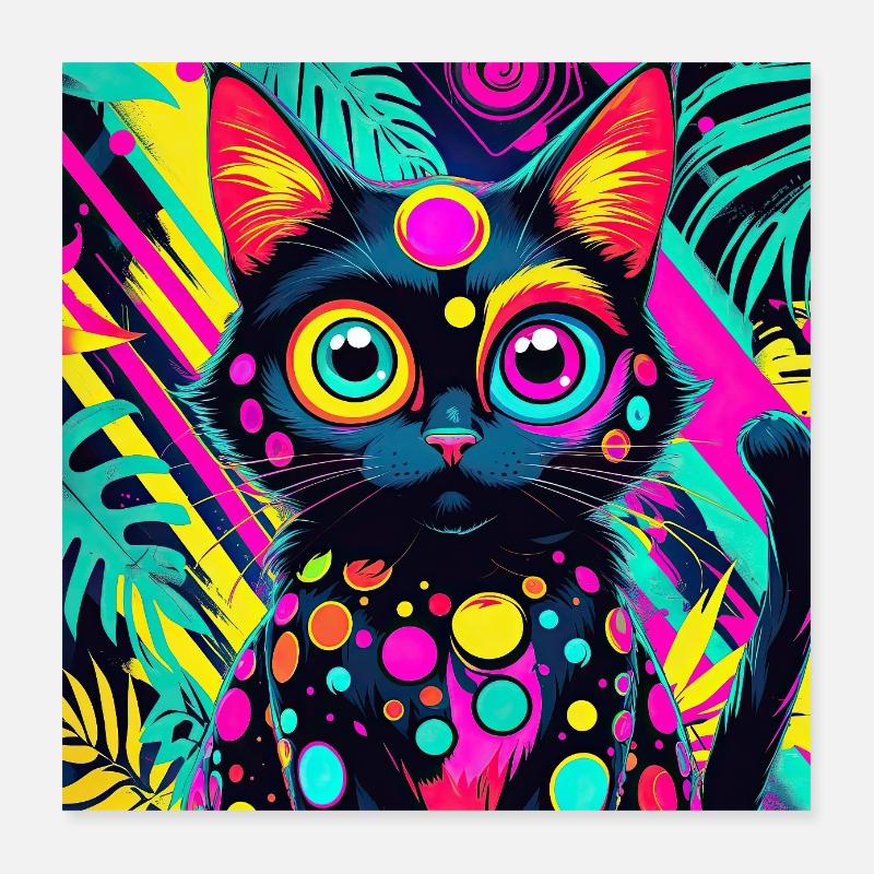 neon colored cartoon style Cat dog art design cool Poster 16" x 16" (40x40 cm)