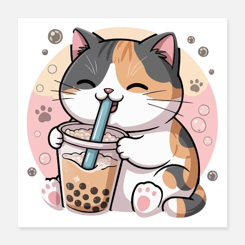 Katze trinkt Bubble Tea Poster 40x40 cm