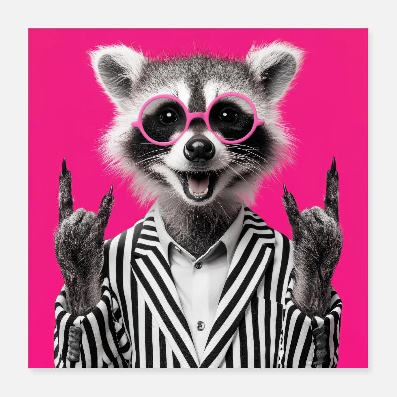 Waschbär mit Doppel Rock Handgeste Poster 40x40 cm