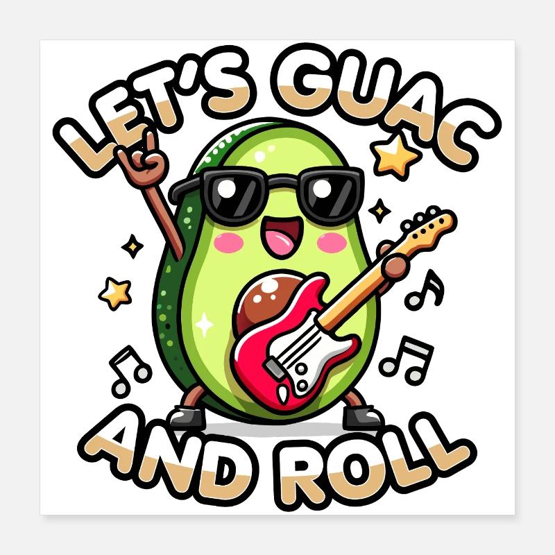 Kawaii Chibi Avocado Let's Guac & Roll Lustiges Essen Poster 40x40 cm