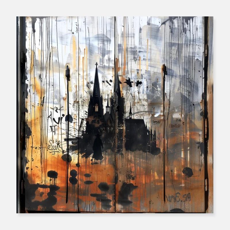 Graffiti Kölner Dom Silhouette rostig Hintergrund Poster 40x40 cm