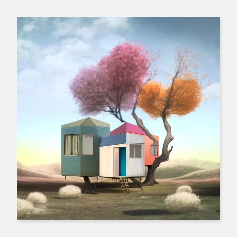 petite cabane hantée solitude surréaliste Poster 40 x 40 cm