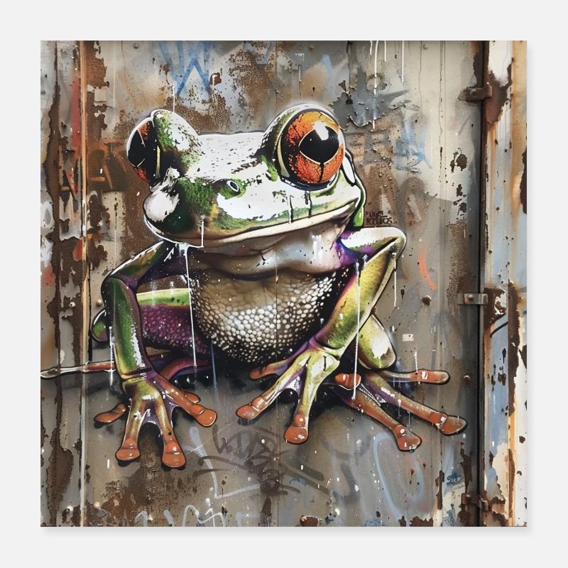 Graffiti frog rust metal urban container door Poster 16" x 16" (40x40 cm)