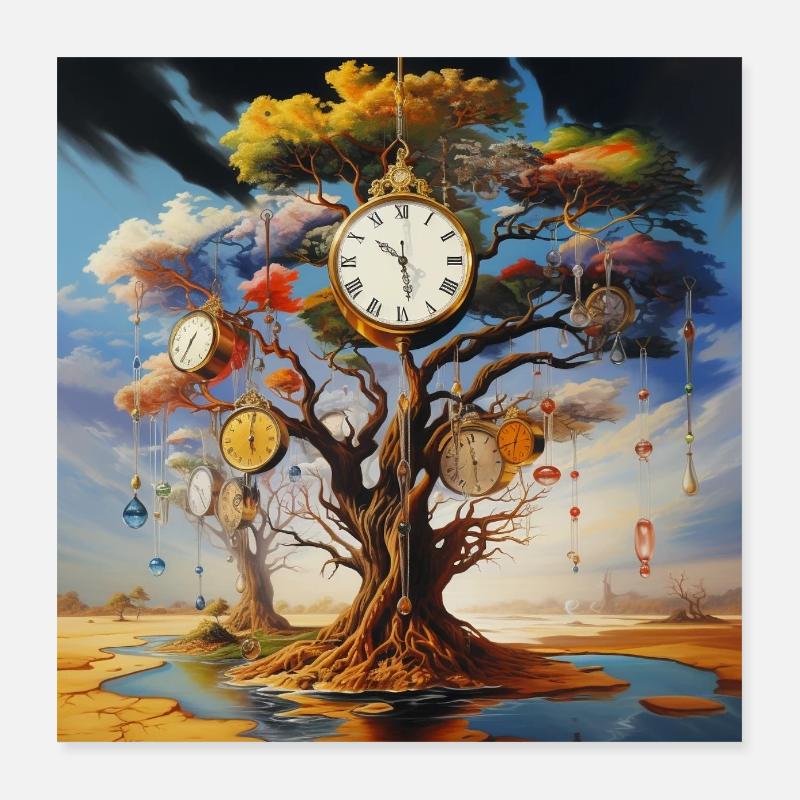Clocks Tree Time Landscape Surreal Poster 16" x 16" (40x40 cm)
