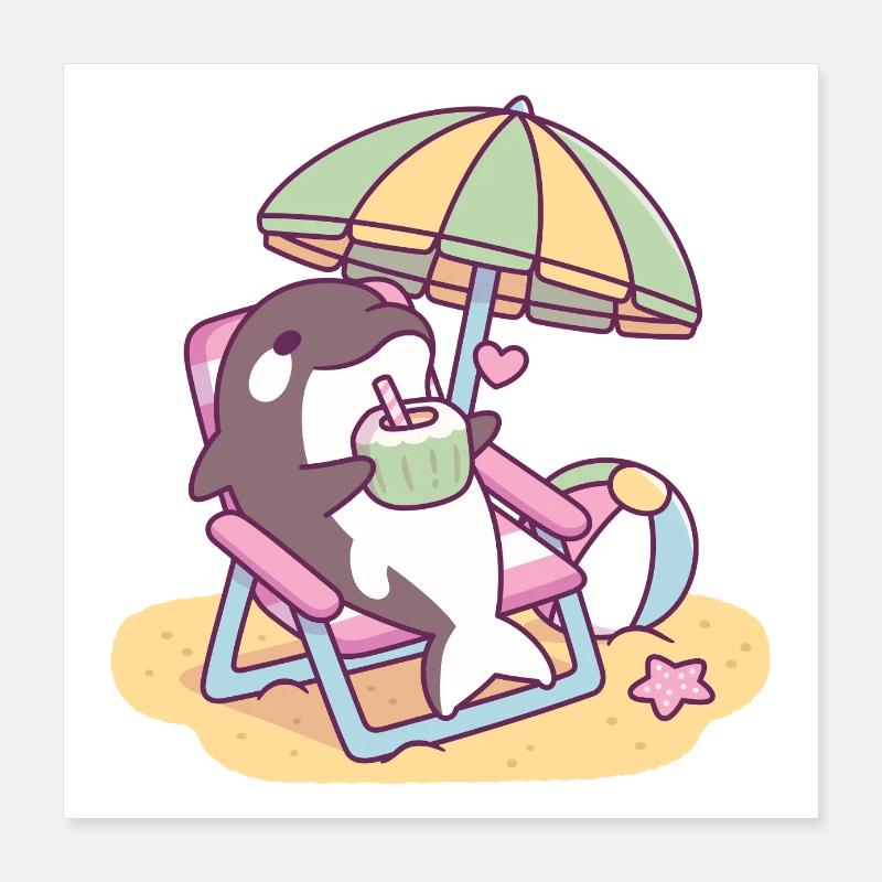 Cute Orca Chilling Under Beach Umbrella Poster 16" x 16" (40x40 cm)