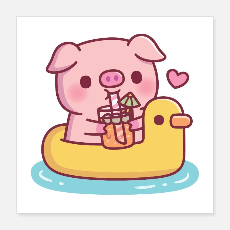 Cute Pig Drinking Orange Juice On Duck Pool Float Poster 16" x 16" (40x40 cm)