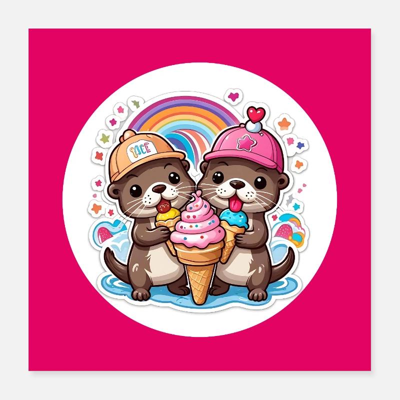 Deux loutres avec un cornet de crème glacée coloré Poster 40 x 40 cm