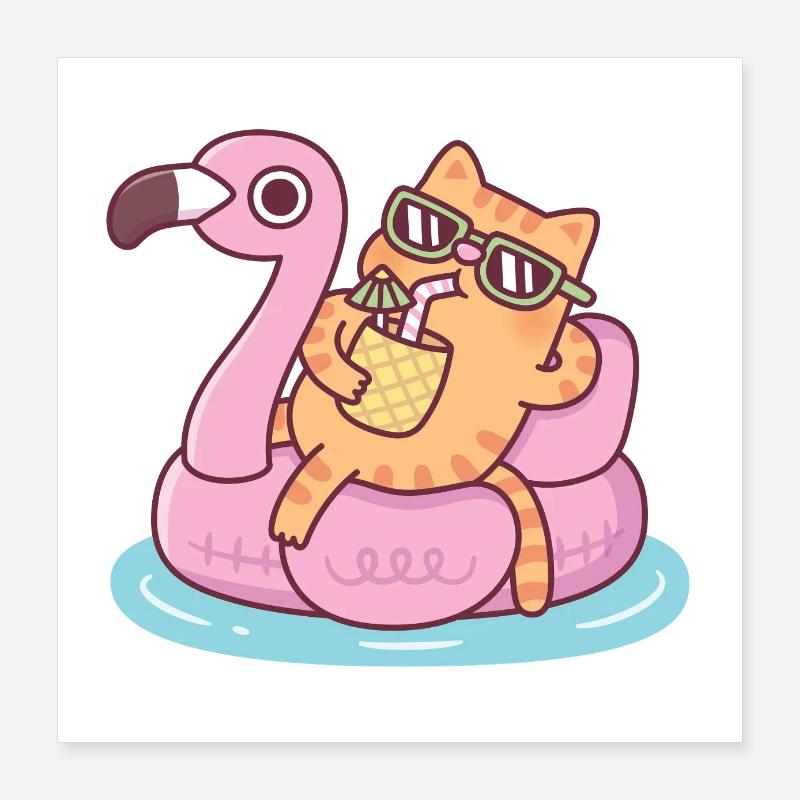 Süße getigerte Katze Ananassaft auf Flamingo Float Poster 40x40 cm