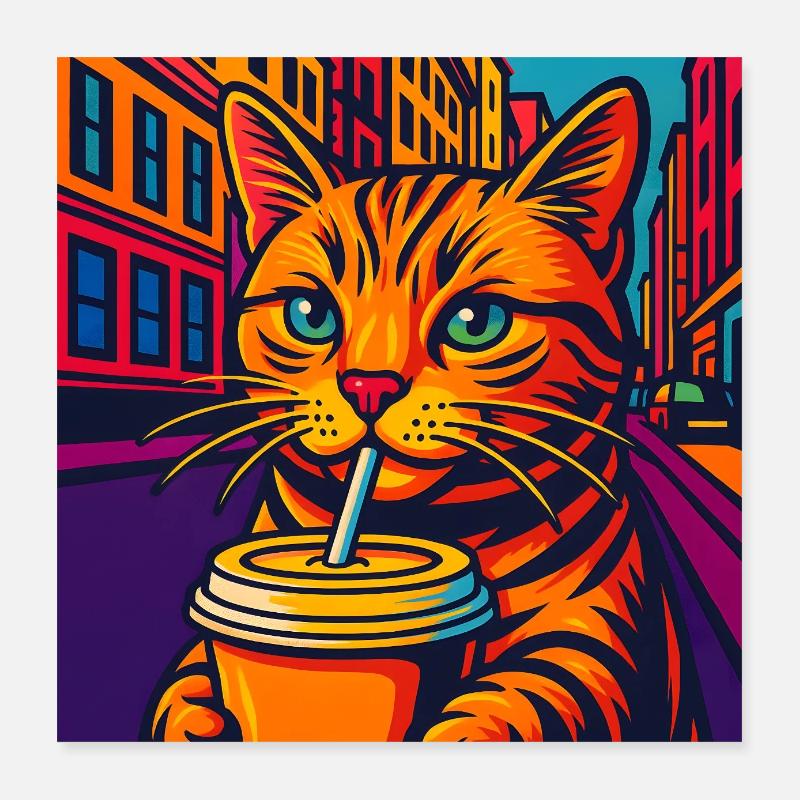 Chat urbain dynamique avec boisson, aime les chats Poster 40 x 40 cm