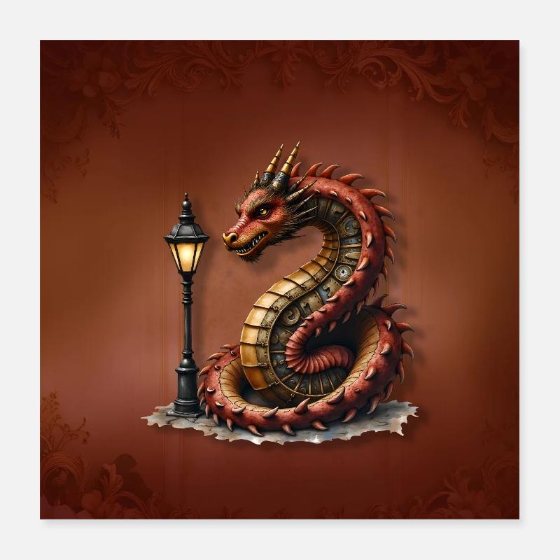 Steampunk-Drache mit Laternenpfahl Poster 40x40 cm