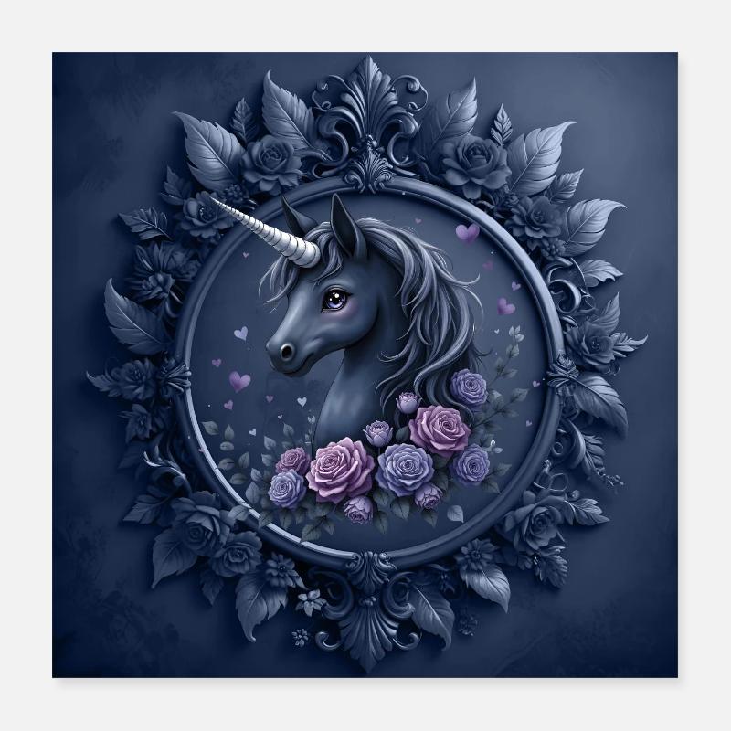 Licorne avec des fleurs dans les tons bleus Poster 40 x 40 cm