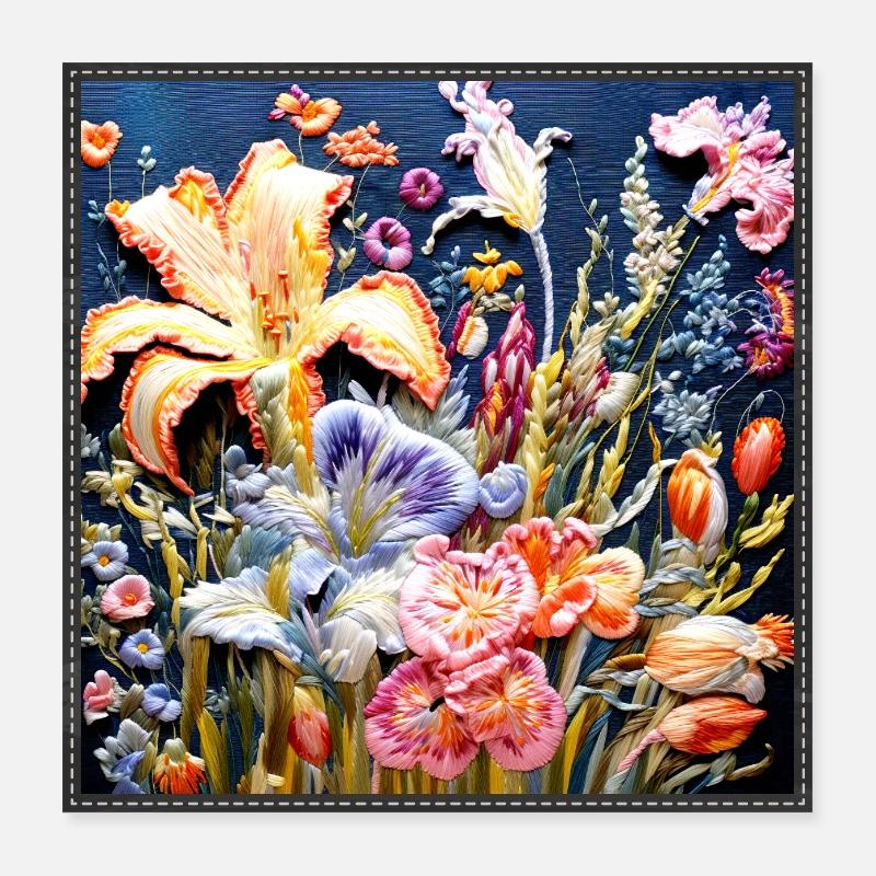 Blumenmuster in Sticktechnik auf Dunkelblau  Poster 40x40 cm