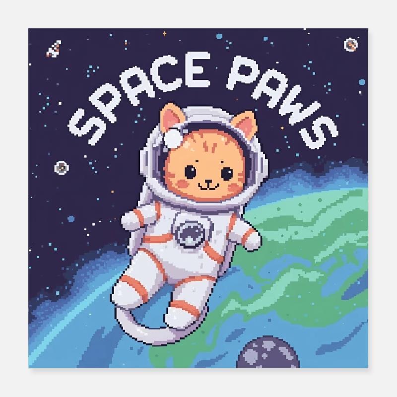 Space Paws – Pixel Cat Astronaut  Poster 40x40 cm