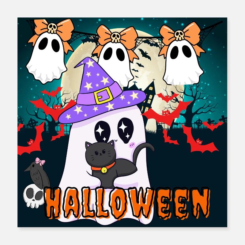 Fantôme sorcier mignon et chat noir Halloween Poster 40 x 40 cm