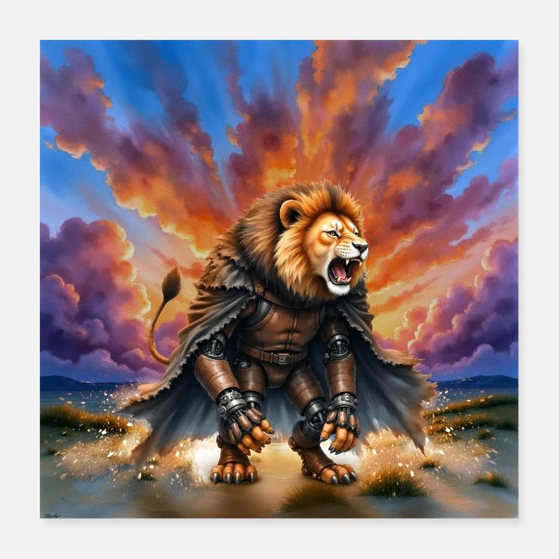 Guerrier Lion avec armure et cape Poster 40 x 40 cm