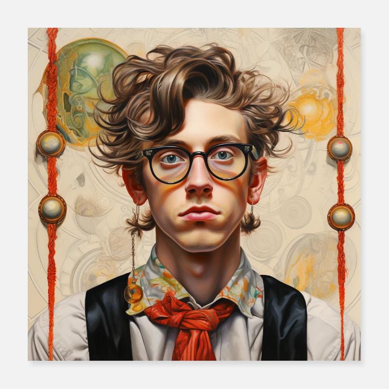 Junger Mann im Vintage-Stil Brille wirres Haar  Poster 40x40 cm