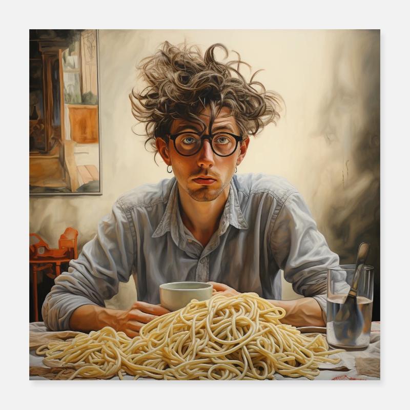 Junger Mann wirres Haar mit Spaghettiberg Brille Poster 40x40 cm