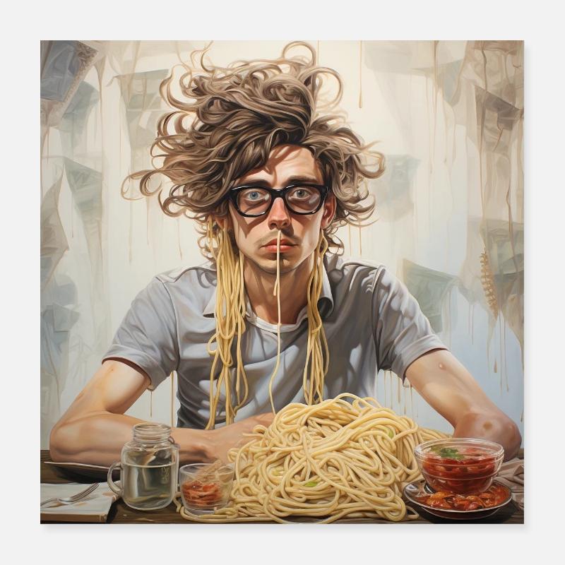 Junger Mann Nudelchaos Portrait mit Spaghetti Poster 40x40 cm