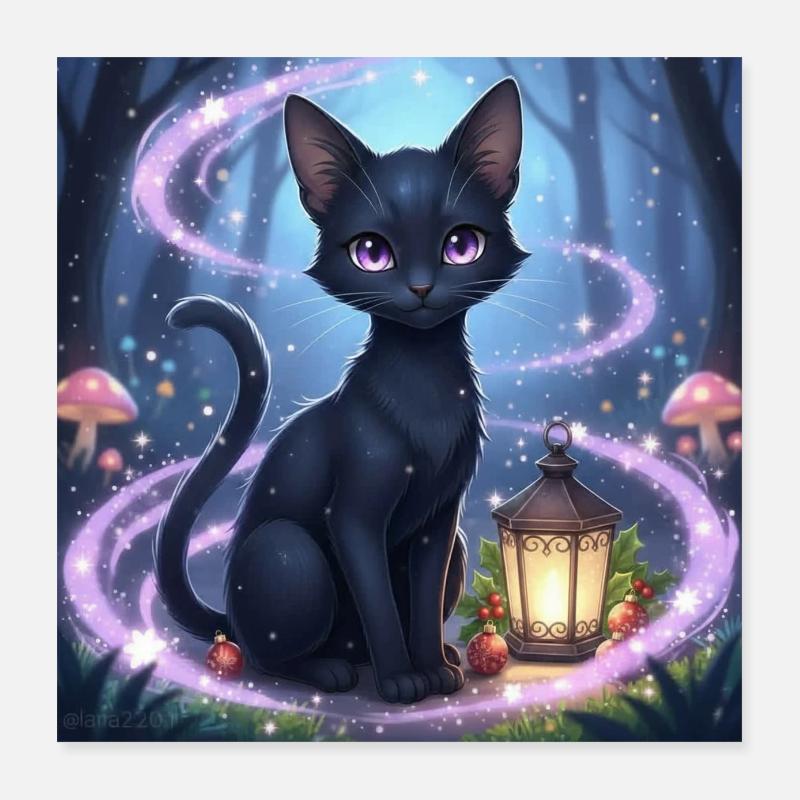 Magical black cat with lantern Poster 16" x 16" (40x40 cm)