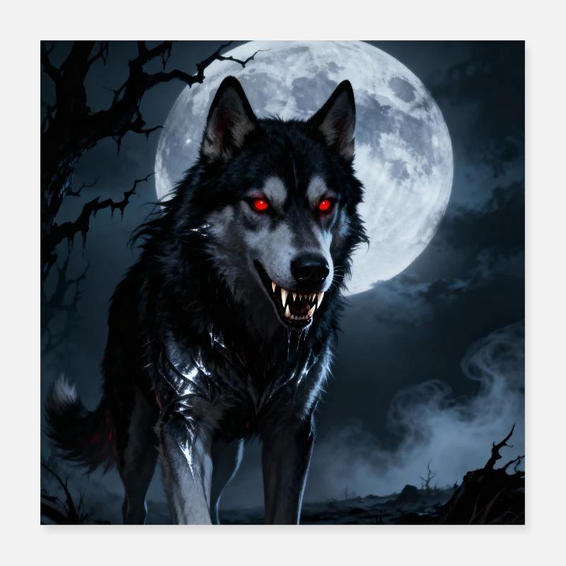 Vollmondwolf mit rotem Blick Poster 40x40 cm