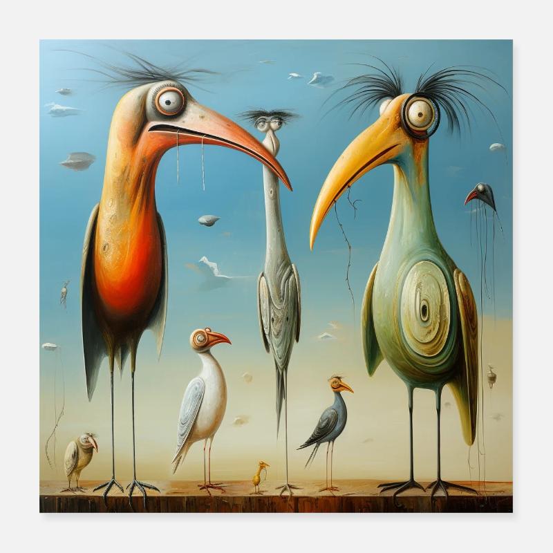 Volée surréaliste d’oiseaux sur la plage Poster 40 x 40 cm