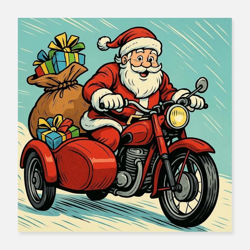 Weihnachtsmann auf einem Motorrad mit Seitenwagen – Comic-Stil Poster 40x40 cm