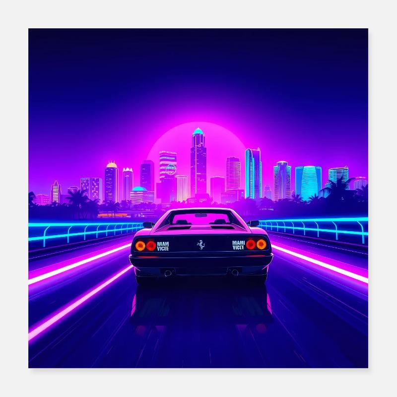 Skyline néon et cabriolet rétro Poster 40 x 40 cm