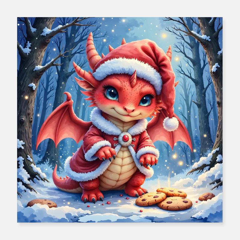 Bezaubernder Weihnachtsdrache im verschneiten Wald Poster 40x40 cm