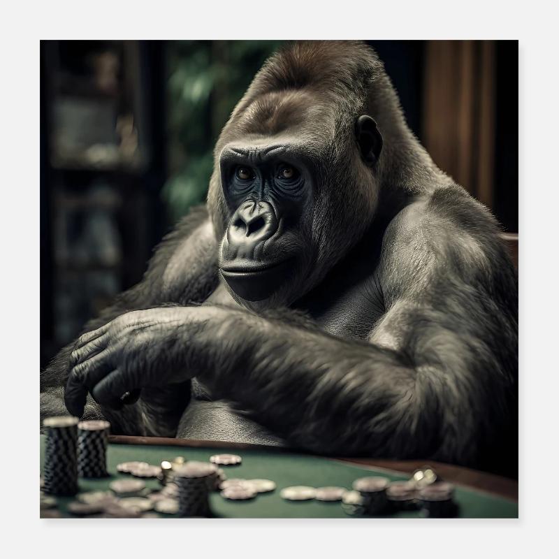 Gorilla am Pokertisch – Kaltblütiger Profi - Poster 40x40 cm - Weiß