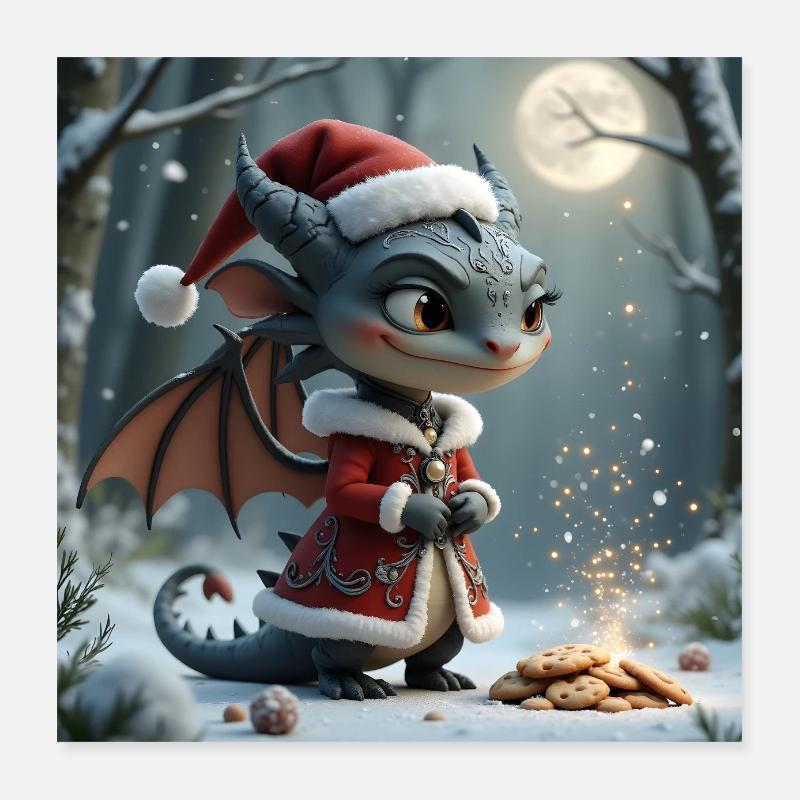 Dragon de Noël dans la forêt enneigée Poster 40 x 40 cm