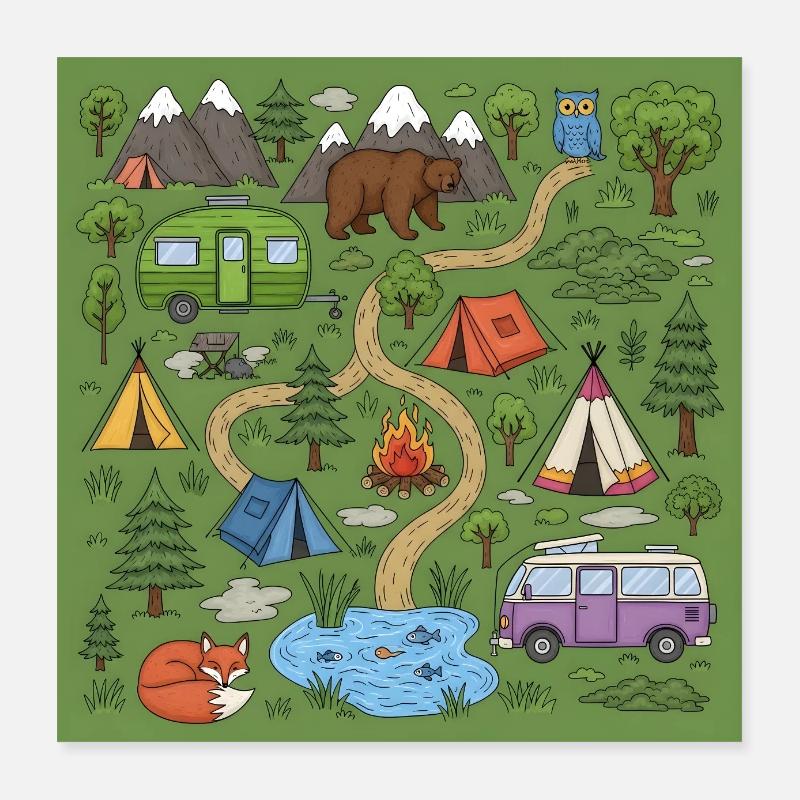 Waldcamping Abenteuer Illustration Poster 40x40 cm