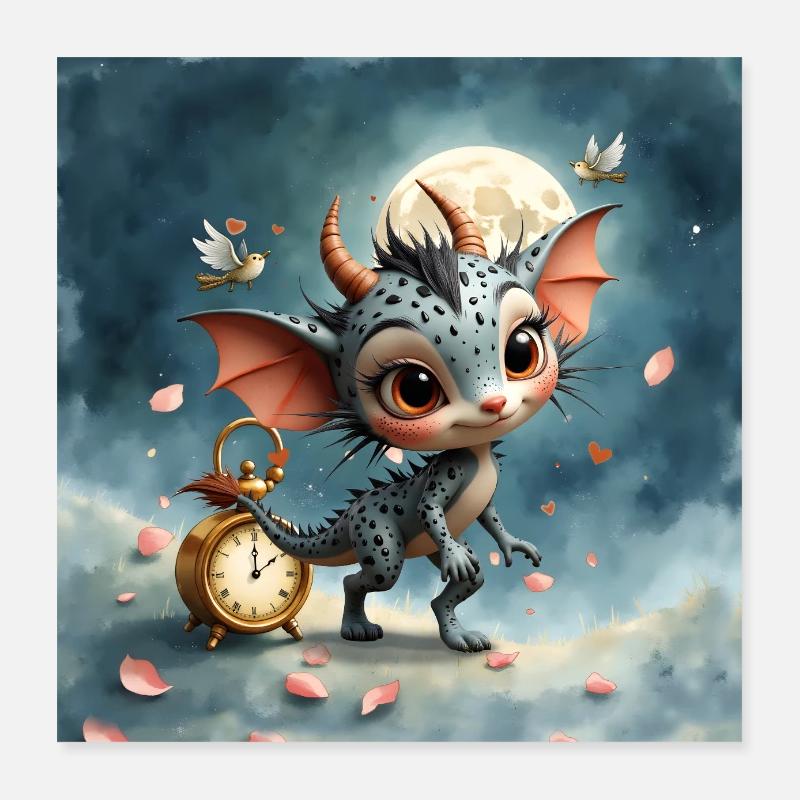 Night Baby Dragon with Clock Poster 16" x 16" (40x40 cm)