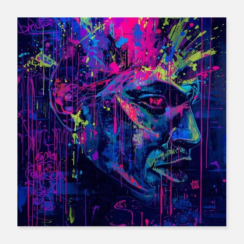 Neon Graffiti Portrait Spatters Poster 16" x 16" (40x40 cm)