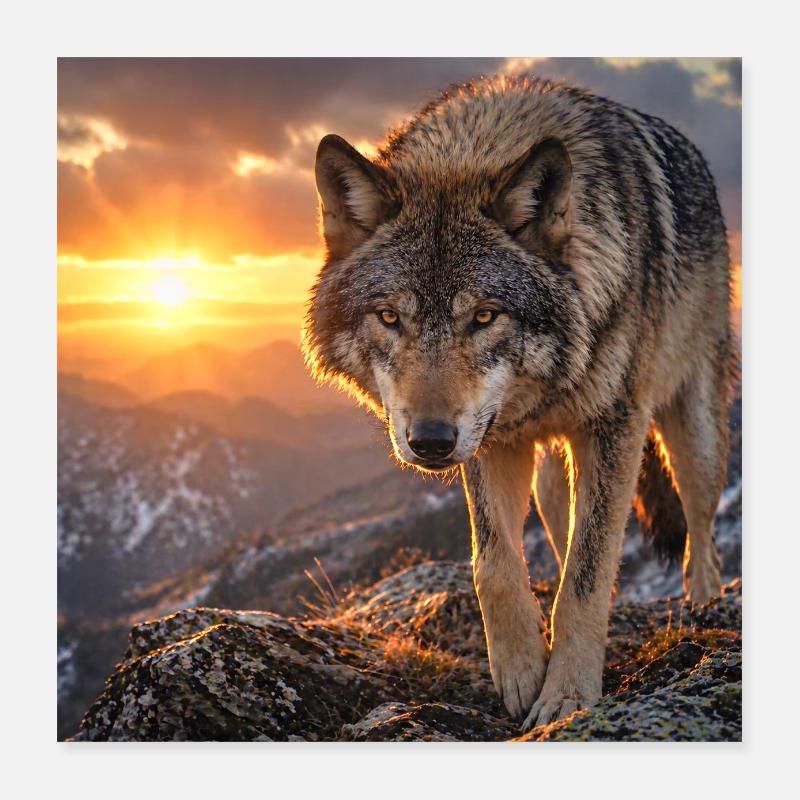 Wolf im Sonnenuntergangsberg Poster 40x40 cm
