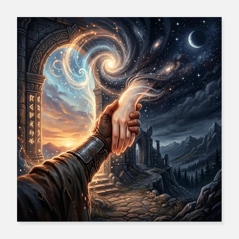 Poignée de main céleste - Art de portail fantastique Poster 40 x 40 cm