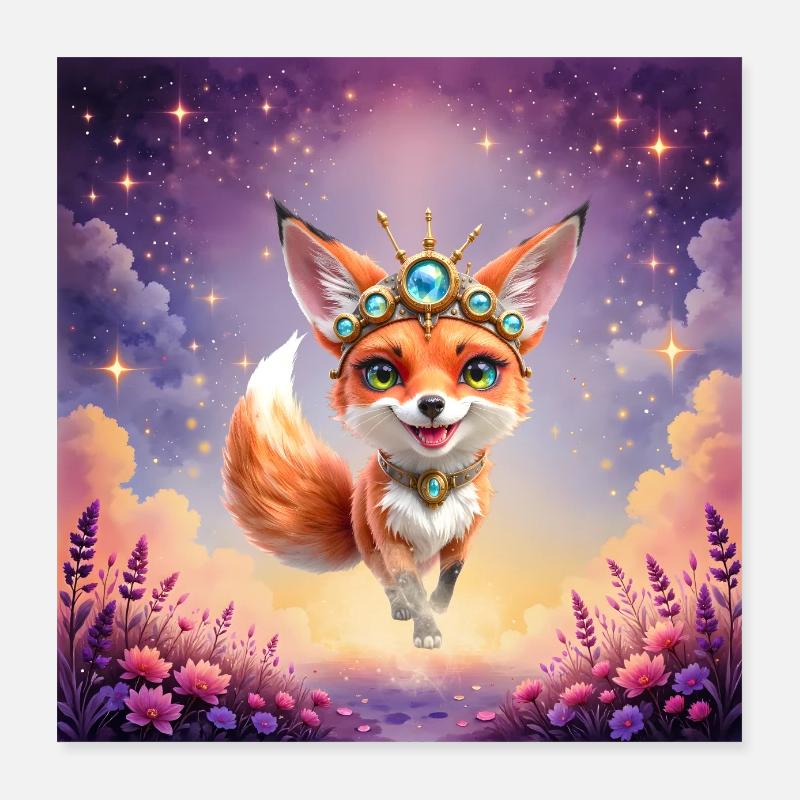 Renard avec une couronne au coucher de soleil stellaire - Poster 40 x 40 cm - blanc