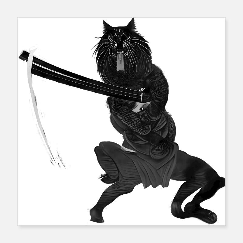 Samurai Cat Black Poster 16" x 16" (40x40 cm)