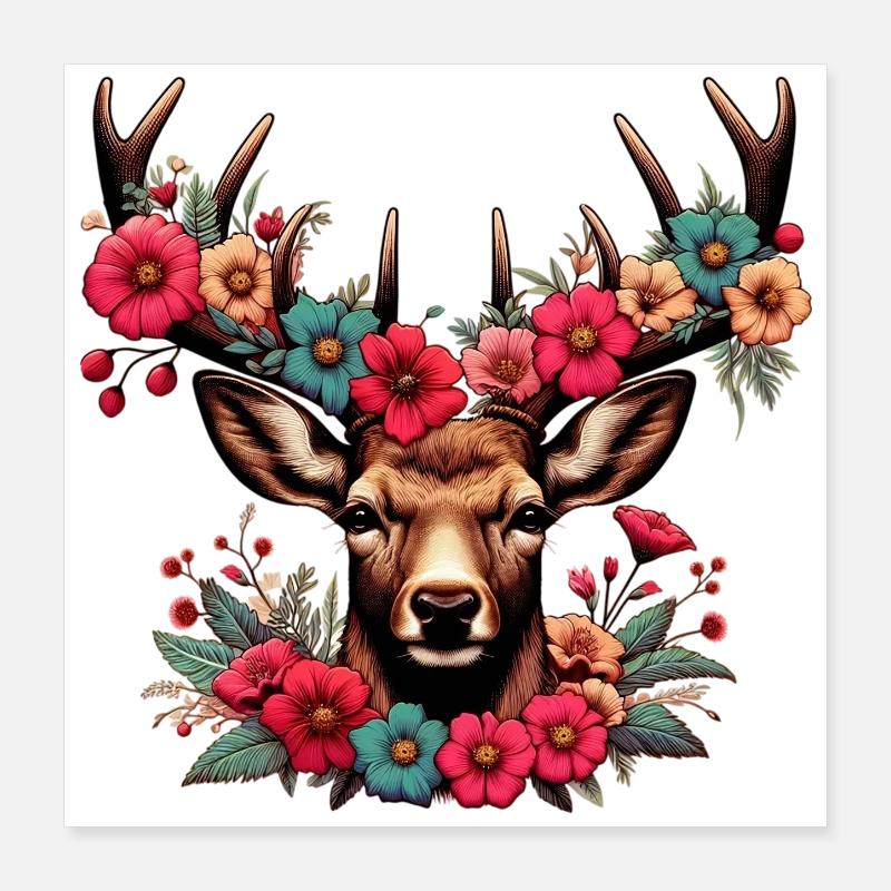 Deer with Flowers Poster 16" x 16" (40x40 cm)