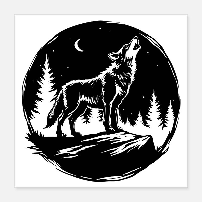 Black-and-White Stencil: Howling Wolf on a Rock Poster 16" x 16" (40x40 cm)