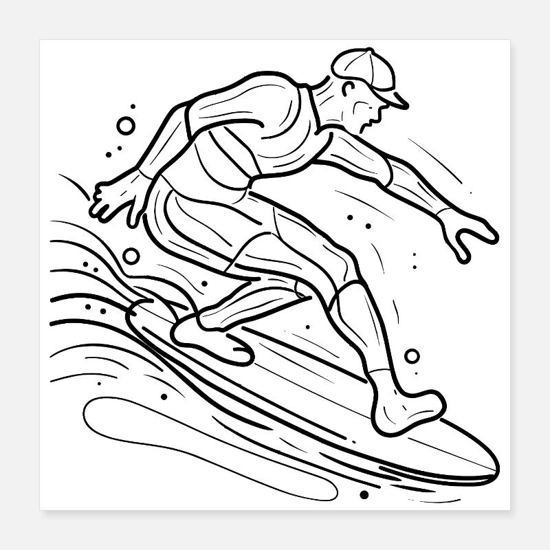 Dessin au trait du surfeur Poster 40 x 40 cm