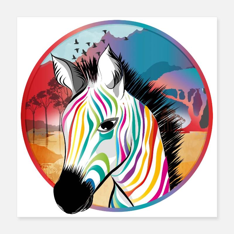 Zèbre coloré devant la savane colorée Poster 40 x 40 cm