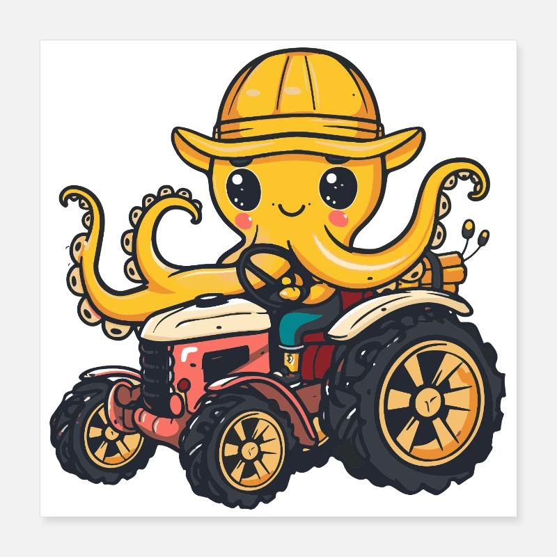 Octopus Tractor Farmer Poster 16" x 16" (40x40 cm)