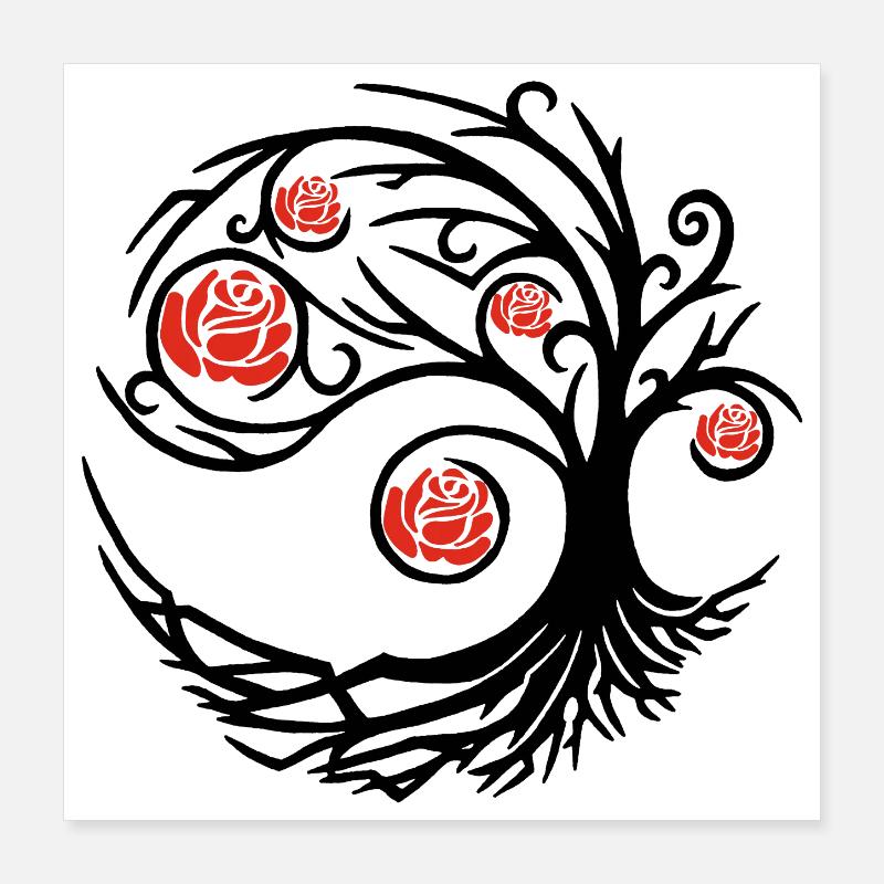 Stilisierter schwarzer Baum und rote Rosen Poster 40x40 cm
