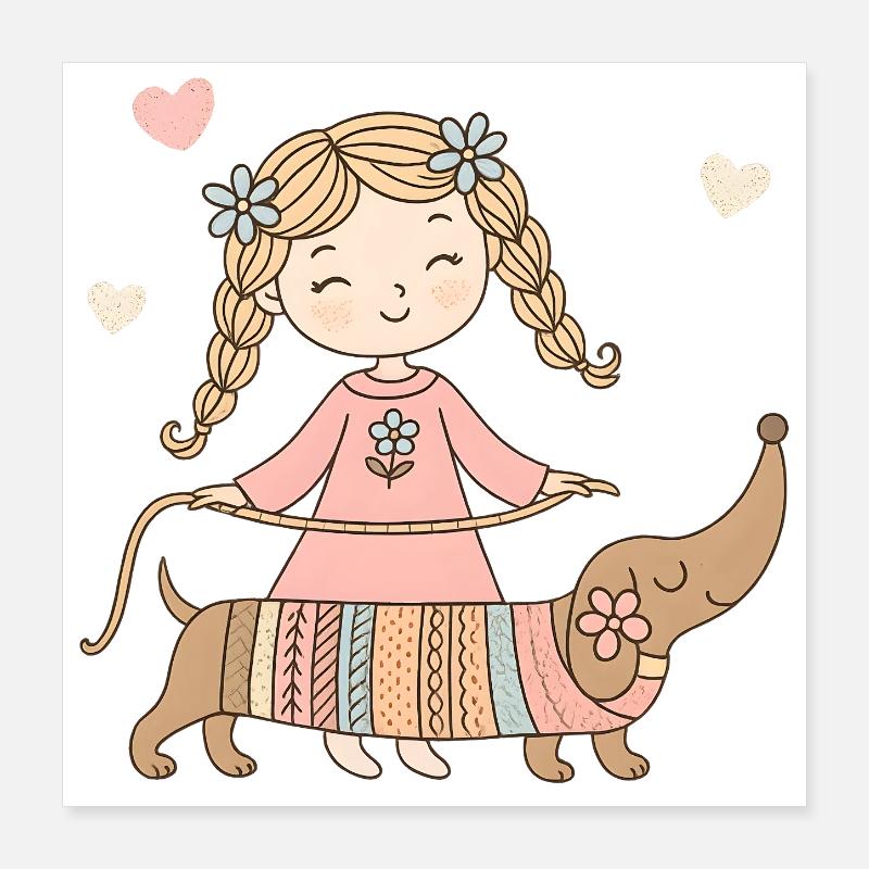 Fille avec teckel – Dessin animalier pour enfants mignons Poster 40 x 40 cm