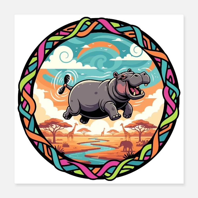 Witziger Hippo fliegendes Nilpferd bunt Savanne  Poster 40x40 cm