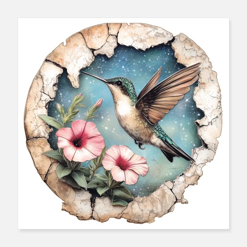 Colibri avec des fleurs Poster 40 x 40 cm