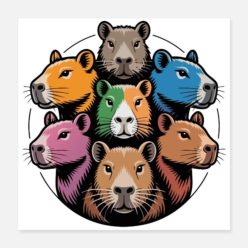 Vielfarbene Capybara-Runde bunte Wasserscheine Poster 40x40 cm
